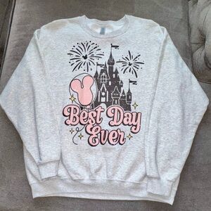 Disney “Best Day Ever” Light Gray  Sweatshirt with Castle & Fireworks graphics